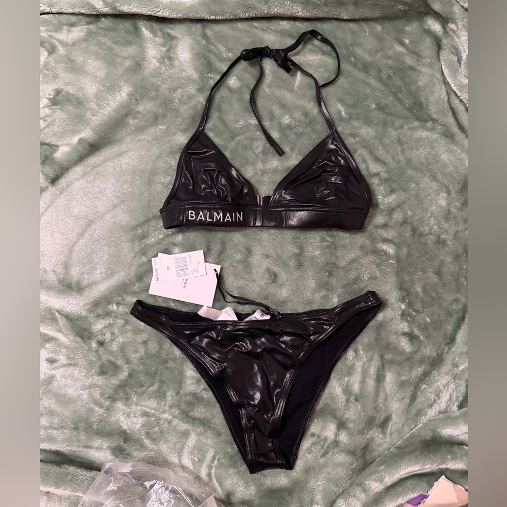 NEW Balmain black metallic triangle bikini set— women’s size 38/ US small